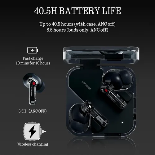 Vista 4 de Nothing Auriculares inalámbricos Bluetooth, auriculares híbridos ANC inteligentes de 45 dB, aumento de graves profundos de 0.433 in, audio de alta