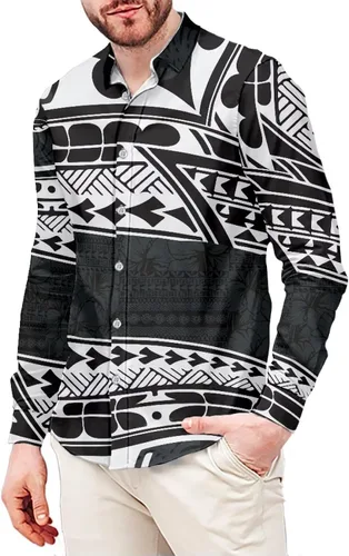 Vista 18 de Camisa polinesia con botones para hombre, Aloha Samoan, patrón tradicional, manga larga, camisa hawaiana para hombre, talla grande, casual