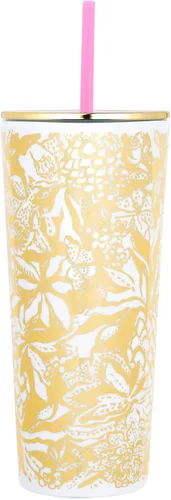 Vista 4 de Lilly Pulitzer Vaso de doble pared con tapa y popote reutilizable, vaso de viaje aislado con capacidad para 24 onzas, cereza amarena