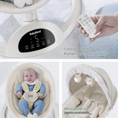 Vista 7 de Columpio para bebés BabyBond para bebés, columpio Bluetooth con altavoz de música, 3 posiciones de asiento, cinturón de arnés de 5 puntos, 5