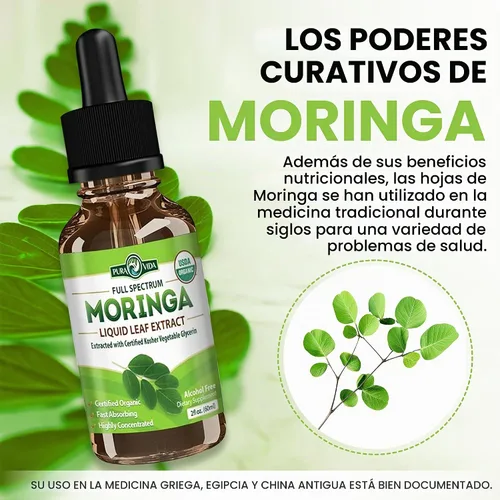 Vista 7 de PURA VIDA MORINGA Gotas líquidas de extracto de hojas – Certificado orgánico USDA – altamente purificado, biodisponible y absorción más rápida que