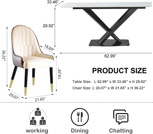Vista 3 de Juego de mesa de comedor de mármol sintético, mesa de comedor rectangular de 63 pulgadas con mesa de piedra sinterizada y base de acero al carbono