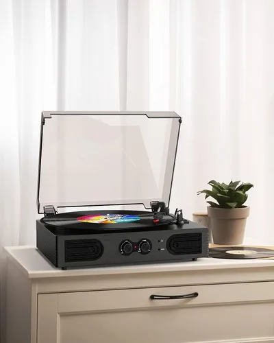 Vista 8 de Tocadiscos con altavoces integrados, control de agudos y graves, 33, 45, 78 RPM, reproductor LP impulsado por correa, tocadiscos de vinilo Bluetooth
