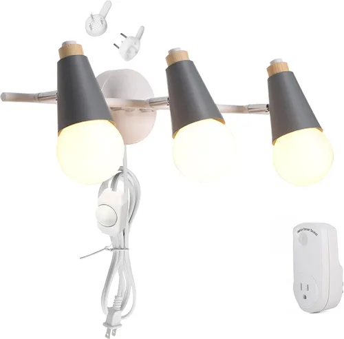 Vista 12 de Lámpara de pared ajustable de 3 cabezales sin taladrar, con interruptor de temporizador regulable, con certificación UL, de 5 pies, compatible