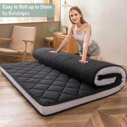 Vista 5 de MAXYOYO Colchón de suelo tipo futón japonés, cubrecolchón extra grueso para cama individual, enrollable, plegable, esterilla única, patrón de Negro