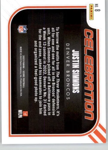 Vista 2 de 2023 Score NFL Celebration #8 Justin Simmons Denver Broncos Official Panini Football Trading Card