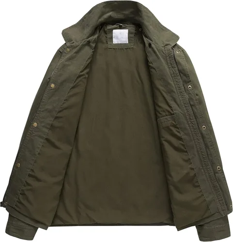 Vista 4 de Pursky Chaqueta de lona de algodón militar casual para hombre con capucha desmontable Verde militar
