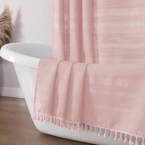 Vista 11 de OVZME Cortina de ducha bohemia negra, cortina de ducha estrecha de tela suave a rayas de lino texturizado con borla, moderna decoración de baño