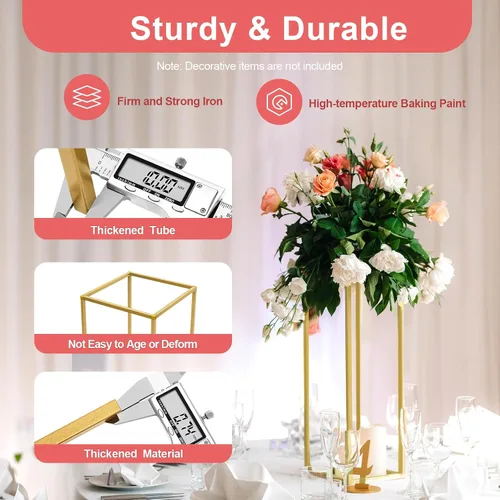 Vista 5 de 10 soportes de metal para centros de mesa de boda, jarrones de columna, soporte de flores de boda, soporte rectangular geométrico dorado
