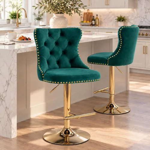 Vista 10 de Taburete de bar moderno giratorio de altura de pub, silla de comedor alta con asiento de terciopelo, respaldo, taburete hidráulico sin brazos Negro