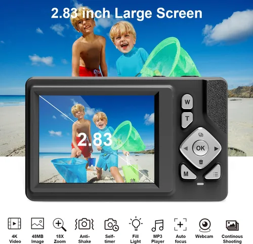 Vista 4 de Cámara digital para niños, adolescentes y principiantes - 1080P FHD 48MP, LCD de 2.83 pulgadas, zoom digital 18X y antivibración, tarjeta SD de 32