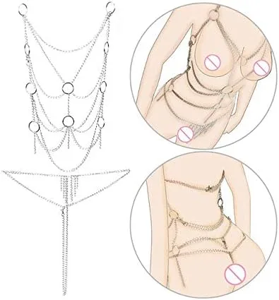 Vista 4 de Conjunto de cadena de lencería para mujer, conjunto de cadena de metal metálico con borla tentadora, plateado