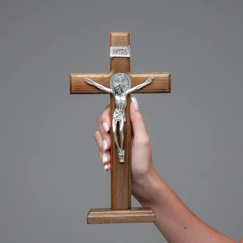 Vista 5 de Intercession Crucifijo de cruz de madera para pared y mesa (plata antigua, 10 pulgadas)