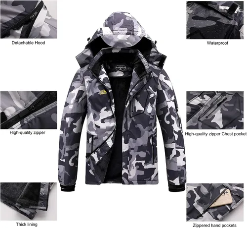 Vista 5 de Chaqueta de esquí impermeable de montaña para hombre, resistente al viento, abrigo cálido con capucha para invierno, Nieve