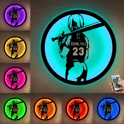 Vista 13 de Letrero de metal personalizado para jugador de sóftbol con luz LED, nombre y número personalizado, arte de pared de sóftbol, letrero de neón