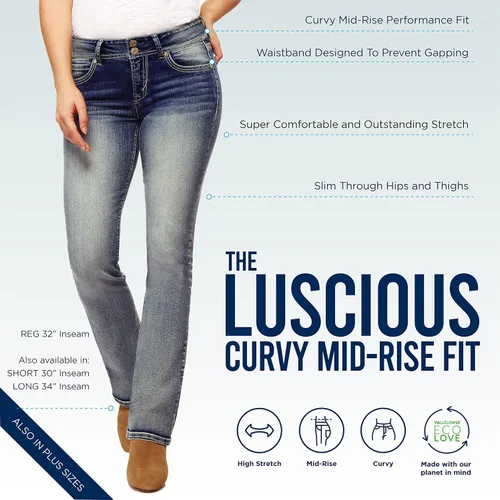 Vista 4 de WallFlower Women's Luscious Curvy Bootcut Mid-Rise Bling Insta Stretch Juniors Jeans (Standard and Plus)
