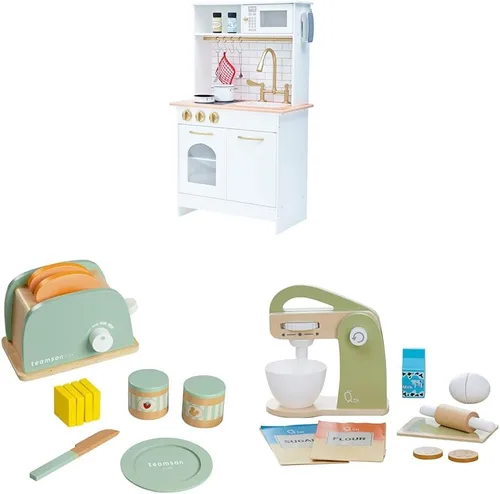 Vista 2 de Teamson Kids Boston Farmhouse Play Kitchen y 27 piezas - Juego de tabletas de comida de madera - Cocina compacta con fregadero, horno y recetas
