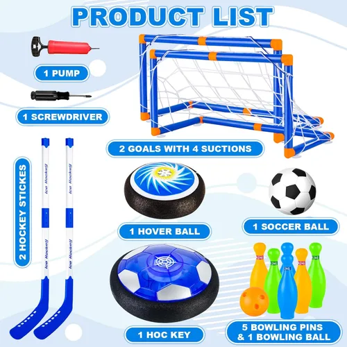 Vista 2 de NEUBSAW Juego de fútbol de hover 4 en 1 y juego de hockey y bolos, juguete deportivo de aire flotante LED para jugar en interiores y exteriores