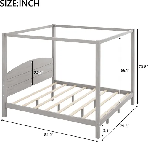 Vista 2 de Linique Cama de plataforma tamaño King con cabecera y patas de soporte, marco de cama King de madera con cuatro pósteres, no requiere somier, gris