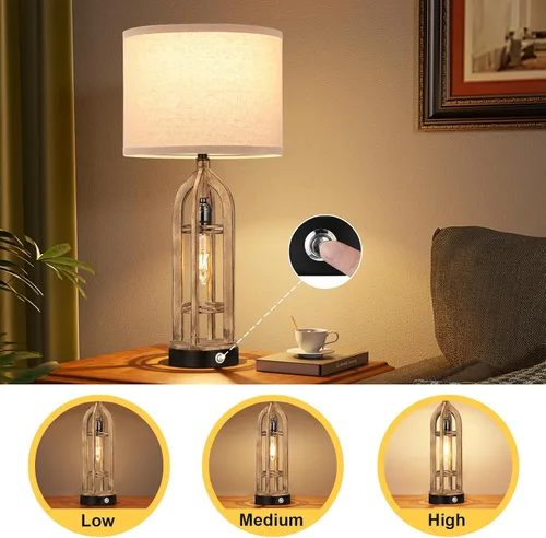 Vista 3 de Seealle Juego de 2 Lámparas de Mesa para Sala de Estar - Lámpara de Noche de Aspecto de Madera para Dormitorio con USB C+A y Enchufe, Lámparas