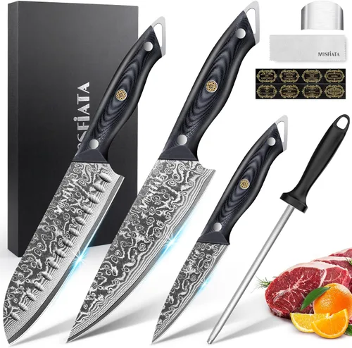 Vista 9 de MOSFiATA Juego de cuchillos de chef profesional de Damasco, 3 piezas, cuchillo de chef de 8 pulgadas, cuchillo Santoku de 7 pulgadas y cuchillo