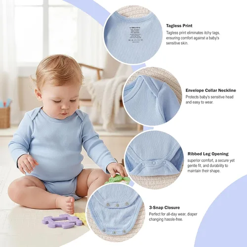 Vista 8 de DEFAHN Paquete de 2 mamelucos unisex para bebé, viscosa súper suave de bambú, unicolor de manga larga para bebés niños y niñas