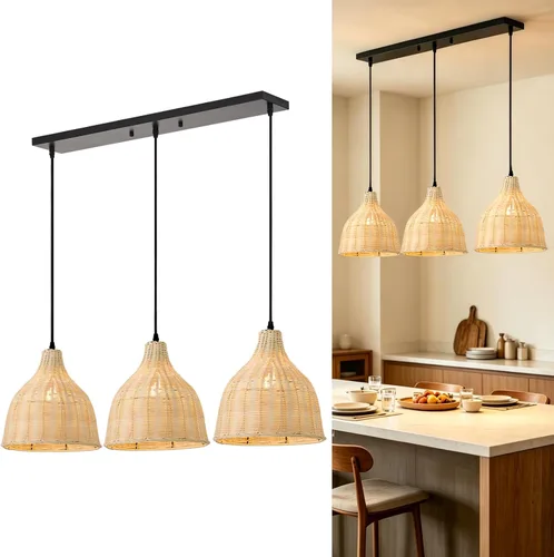 Vista 12 de 1 lámpara colgante de bambú tejida a mano, estilo bohemio, elegante, cordón ajustable, ratán de bambú, lámpara colgante de techo para comedor, bar