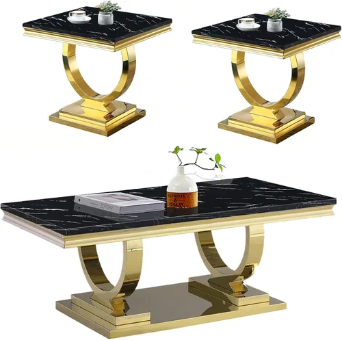 Vista 14 de Juego de 2 mesas de café de mármol, juego de mesa de sala de estar de 2 piezas que incluye 1 mesa auxiliar y 1 mesa auxiliar, moderna mesa de centro