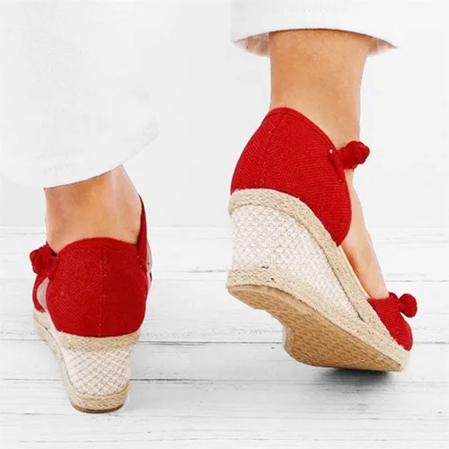 Vista 3 de Aniywn Sandalias de cuña retro con punta cerrada para mujer con correa de hebilla alpargatas para mujer