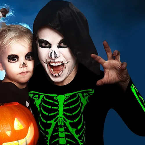 Vista 5 de Jeyiour Disfraz de esqueleto de Halloween que brilla en la oscuridad, para mujer adulta