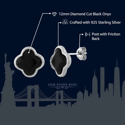 Vista 3 de 18K Gold Plated Sterling Silver Flower Shape Clover Designs Black Onyx Diamond Cut Stud Earrings For Women