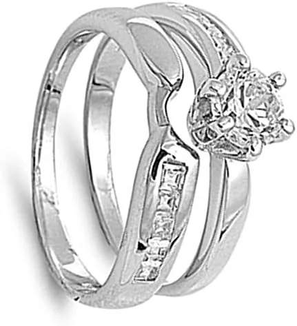 Vista 2 de Anillo de compromiso de plata de ley, conjunto de alianzas de boda, tamaños 5-10