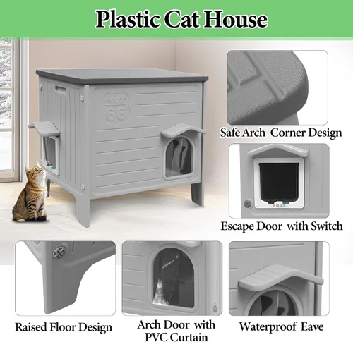 Vista 6 de Deblue Casa para Gatos de Exterior Resistente a la Intemperie Grande de Plástico Casas para Gatos con Puerta de Escape Interior Impermeable Refugio