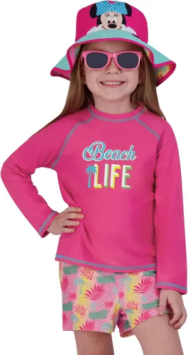 Vista 2 de Disney Girls' Frozen & Minnie Mouse 4-Piece Kids Set, Long Sleeves Rash Guard, Swim Shorts, Glasses & Bucket Hat Ages 3-8