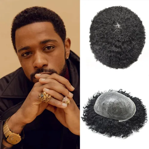 Vista 17 de Afro Toupee para hombres negros, rizado afro ondulado, postizo masculino, piel fina, PU negro, para hombre, tupé, reemplazo de cabello humano