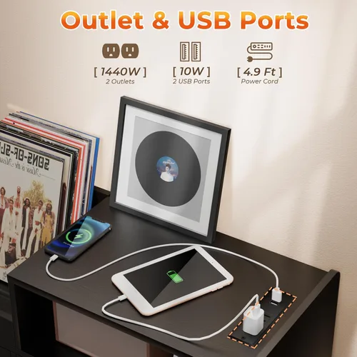 Vista 5 de Soporte grande para tocadiscos con puerta corredera, gabinete de almacenamiento para 350 discos de vinilo, mesa para tocadiscos con toma