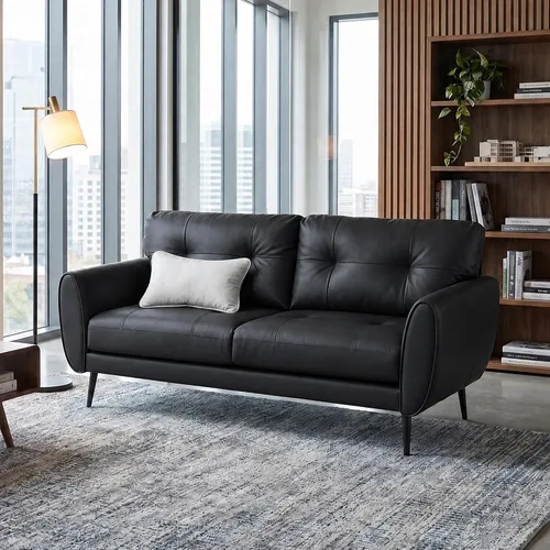 Vista 8 de TYBOATLE Sofá de sofá de 61 pulgadas de cuero sintético negro, sofá de dos plazas pequeño para sala de estar, sofá de estilo moderno de mediados