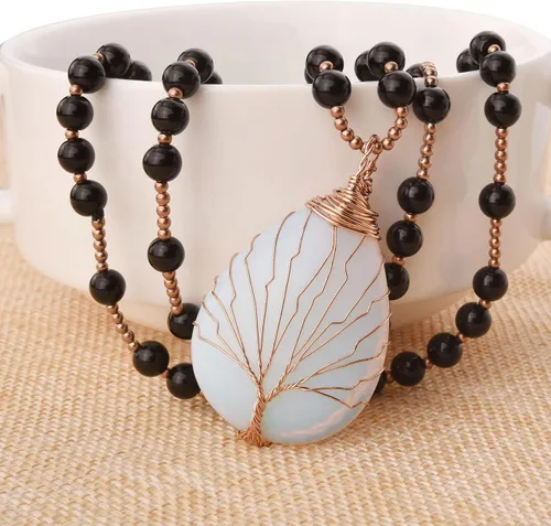 Vista 3 de PESOENTH Collar con colgante de árbol de la vida de cristal de amatista para mujer, cuentas moradas de mala, yoga, meditación, oración, piedras