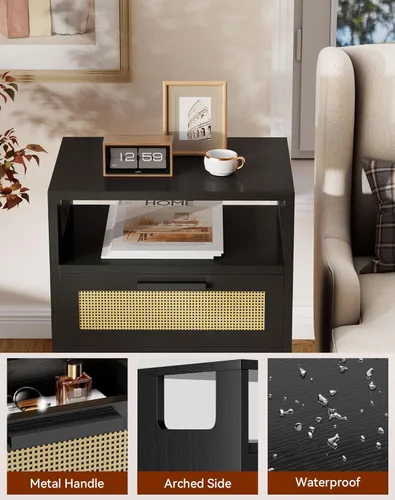 Vista 9 de YMYNY Mesita de noche con 2 cajones, mesa auxiliar bohemia, ratán decorado a mano, estante abierto con diseño arqueado, patas de madera maciza, Negro