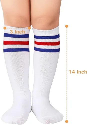 Vista 5 de Komorebi Calcetines de fútbol para niños, calcetines de tubo hasta la rodilla, calcetines de tres rayas de algodón, uniforme deportivo para niñas
