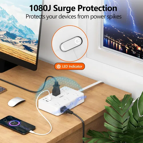 Vista 7 de Cable de extensión plano de 1 pie con protector de sobretensiones, 10 salidas de CA y 4 puertos USB (5V/3.4A 17W), 1080J, estación de carga