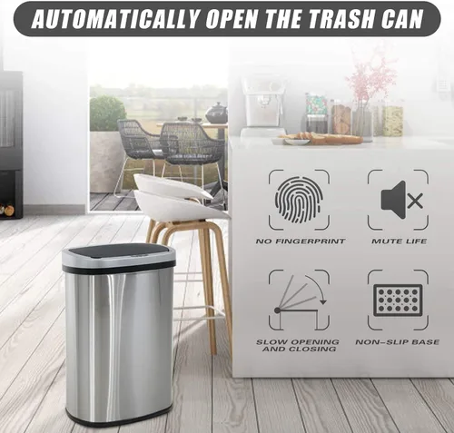 Vista 7 de Bote de basura de 13 galones con tapa, botes de basura automáticos para cocina, 50 L, con sensor de movimiento, cubo de basura de acero inoxidable
