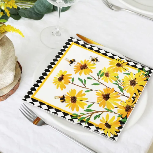 Vista 6 de JarThenaAMCS 80 servilletas de almuerzo con girasol, abejas florales, desechables, servilletas de papel decorativas a cuadros de diamantes