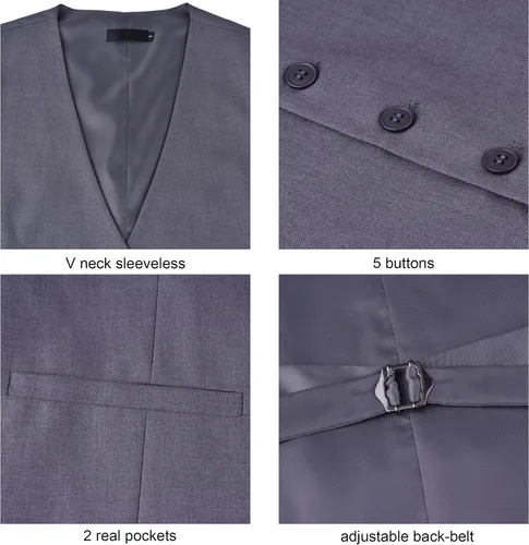 Vista 4 de GUSLESON Chalecos de traje con cuello en V para hombre, color sólido, formal, ajustado, chaleco de negocios