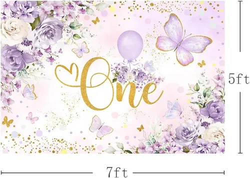 Vista 3 de MEHOFOND Telón de fondo de cumpleaños de un año para niñas de 7 x 5 pies, diseño floral morado, fondo de fotografía de Little Miss Onederful