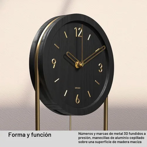 Vista 3 de Driini Reloj de pared decorativo con péndulo (negro) – Madera moderna, números dorados 3D, marco de metal – Relojes de pared pequeños y únicos