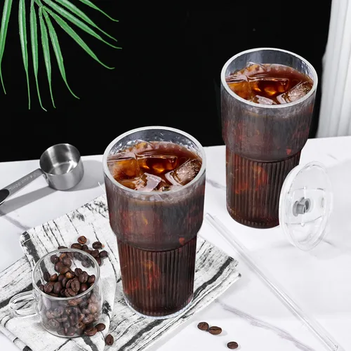 Vista 8 de Tazas de vidrio de 20oz con tapas y pitillos, 2 piezas de tazas de vidrio con tapas y pitillos, tazas de café helado con tapa, vasos para jugo