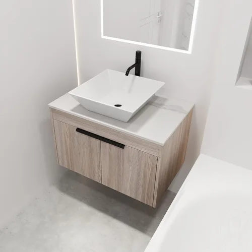 Vista 15 de Tocador de baño flotante con fregadero, armario de baño montado en la pared de 24 pulgadas, tocador de almacenamiento brillante debajo de la unidad