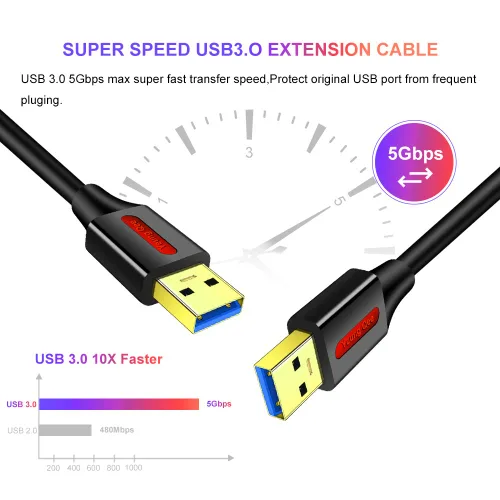 Vista 3 de Cable USB 3.0 A a A macho de 1 pie, USB tipo A macho a macho, cable USB 3.0 de doble extremo USB para disco duro, cámaras, enfriador de laptop