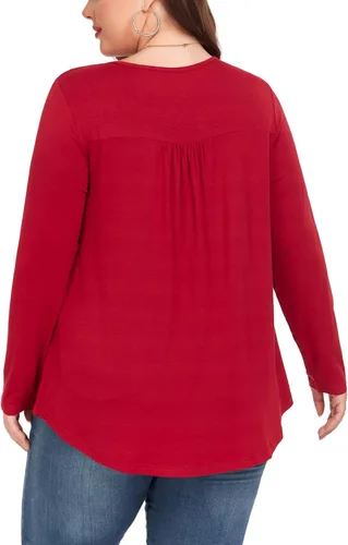 Vista 6 de Camiseta básica para mujer, talla grande, cuello Henley, con botones, ajuste holgado, estilo casual